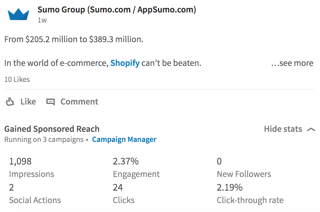 Screenshot showing a linkedin post by Sumo