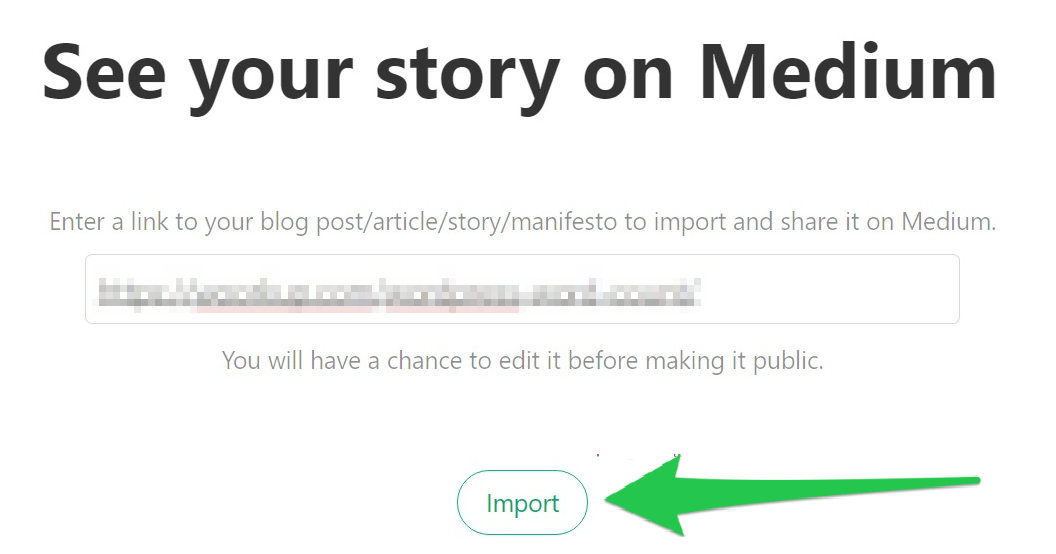 Screenshot showing how to import your content to medium