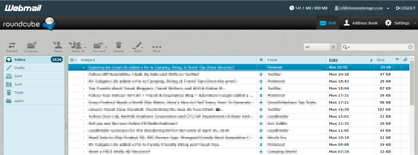 Screenshot showing a webmail browser inbox