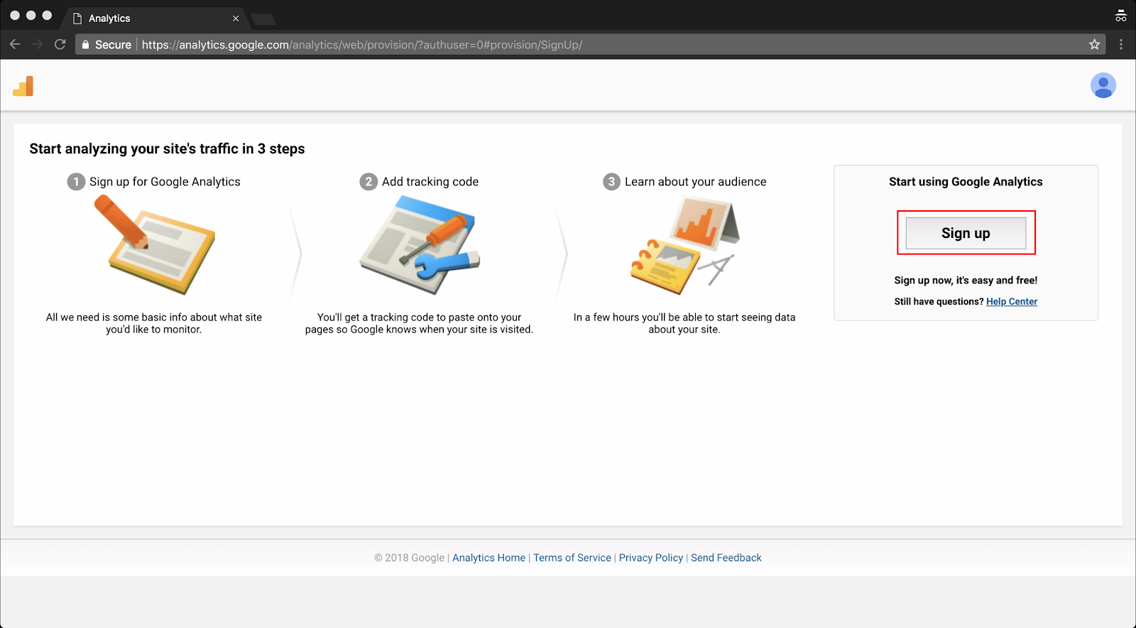 Screenshot showing google analytics sign up page