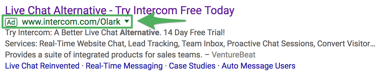 Screenshot showing a google ad by intercom