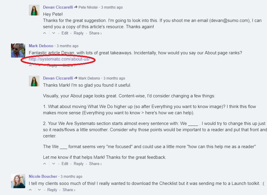 Screenshot showing the comment section of a content piece