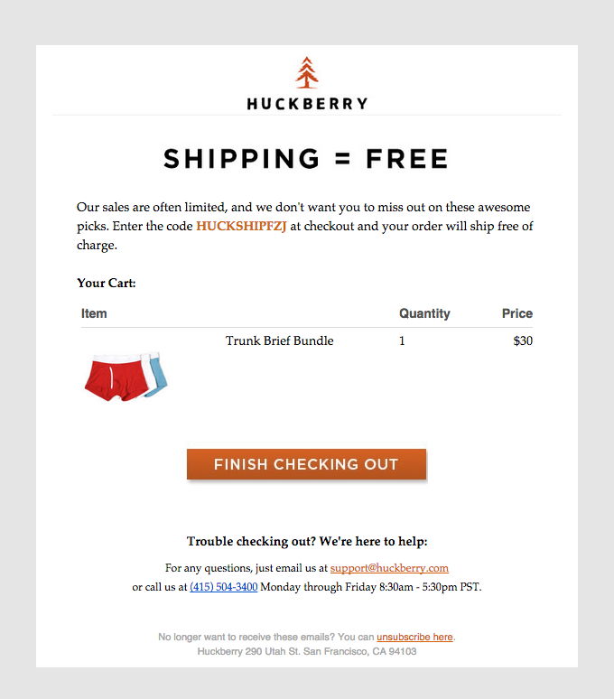 Screenshot of an abandoned cart email by Huckberry