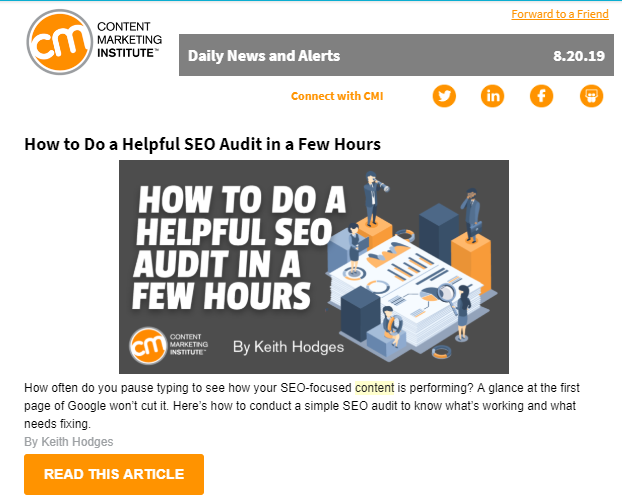 B2B Email Marketing: Screenshot of email by Content Marketing Institute sharing an article on how to do an SEO audit