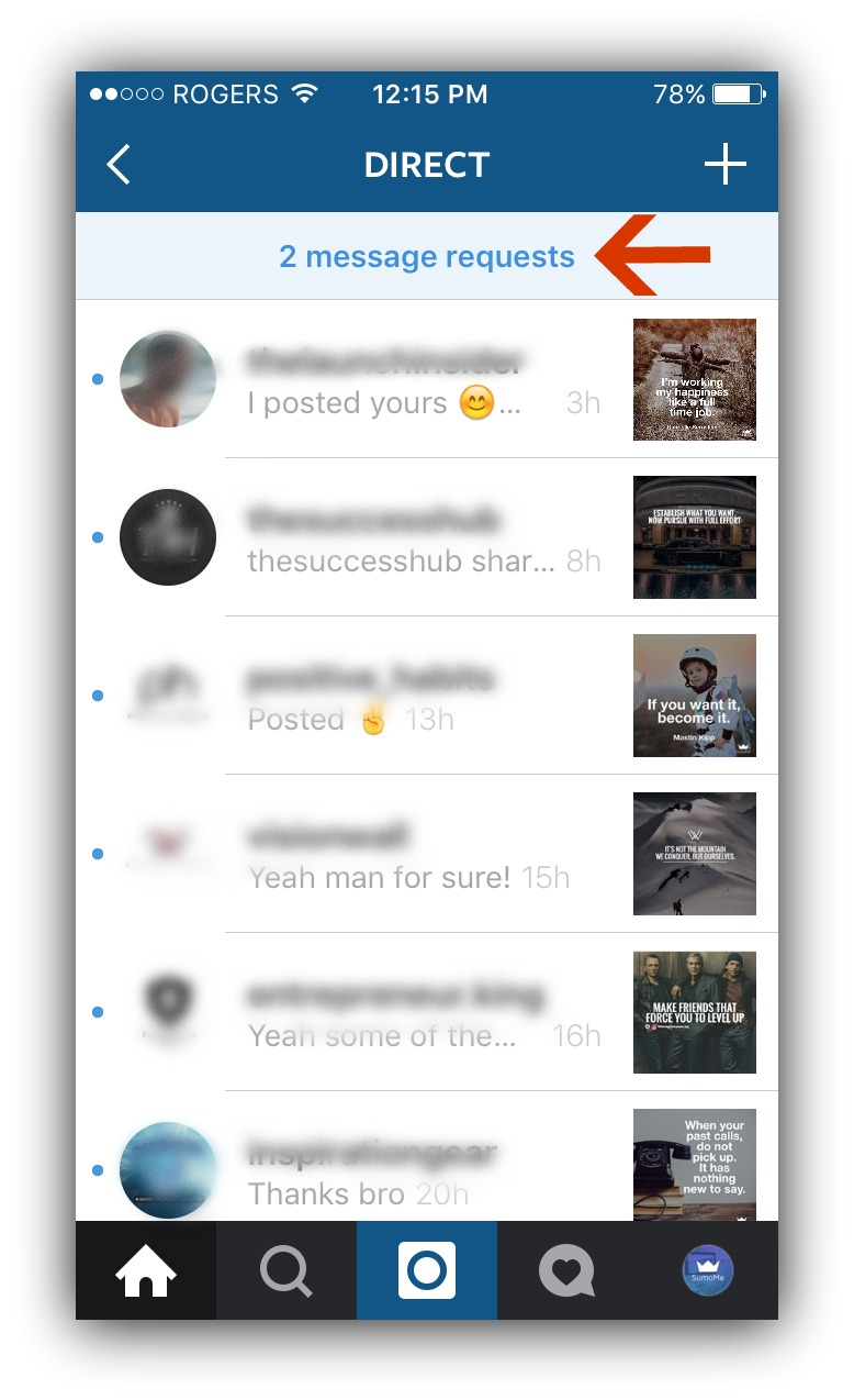 Screenshot of the direct messages menu on Instagram 