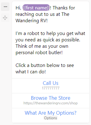 Screenshot of welcome message for Facebook Messenger bot