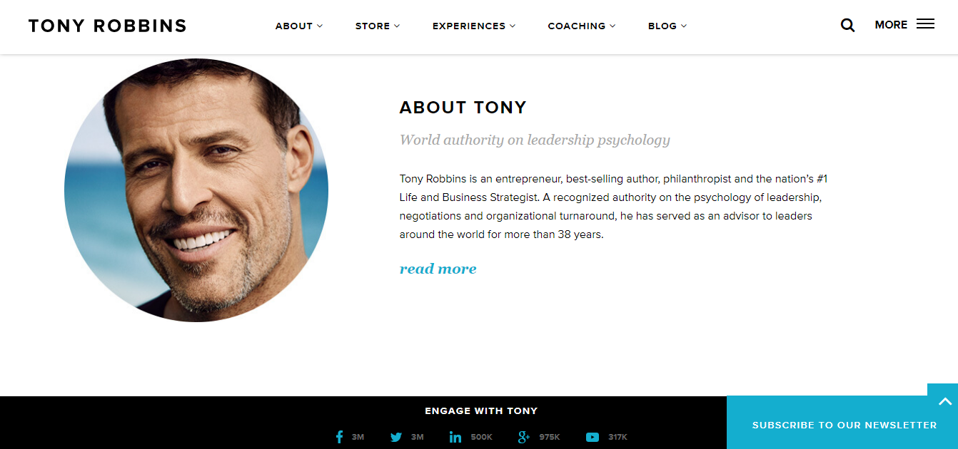 Screenshot of the About page on Tony Robbins