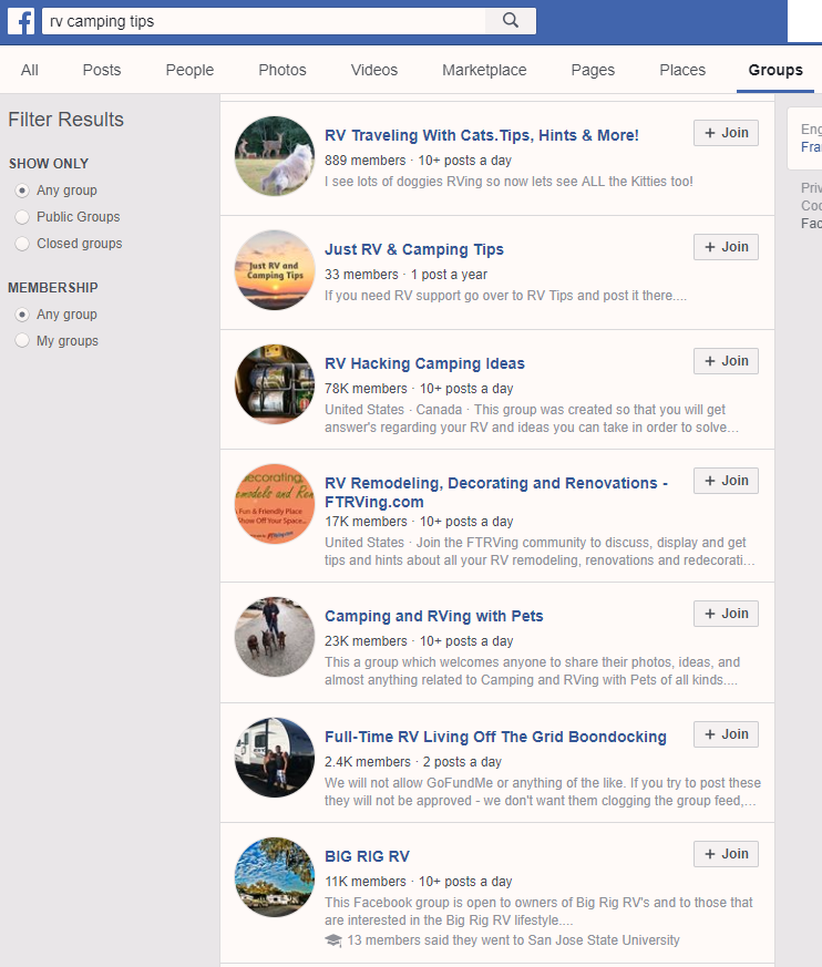 Screenshot showing Facebook search results