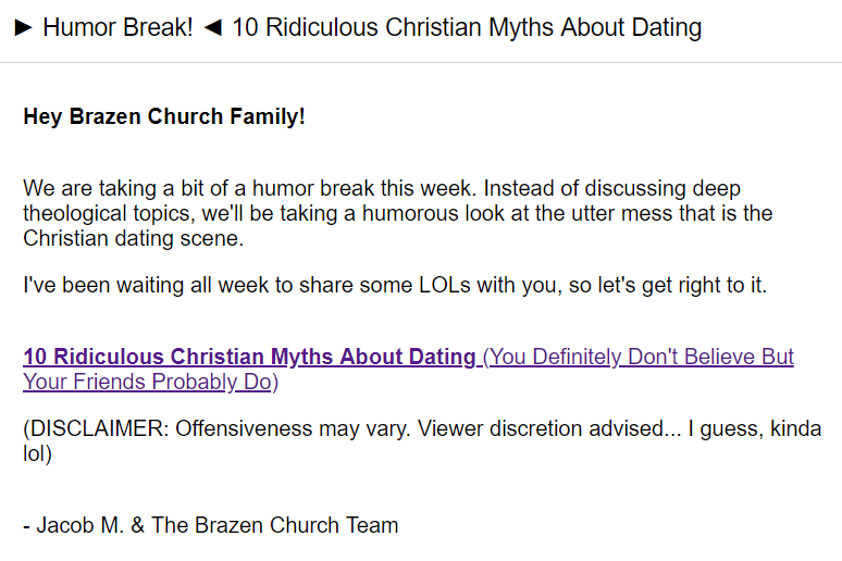 Screenshot of clickbait content email by Brazen Church