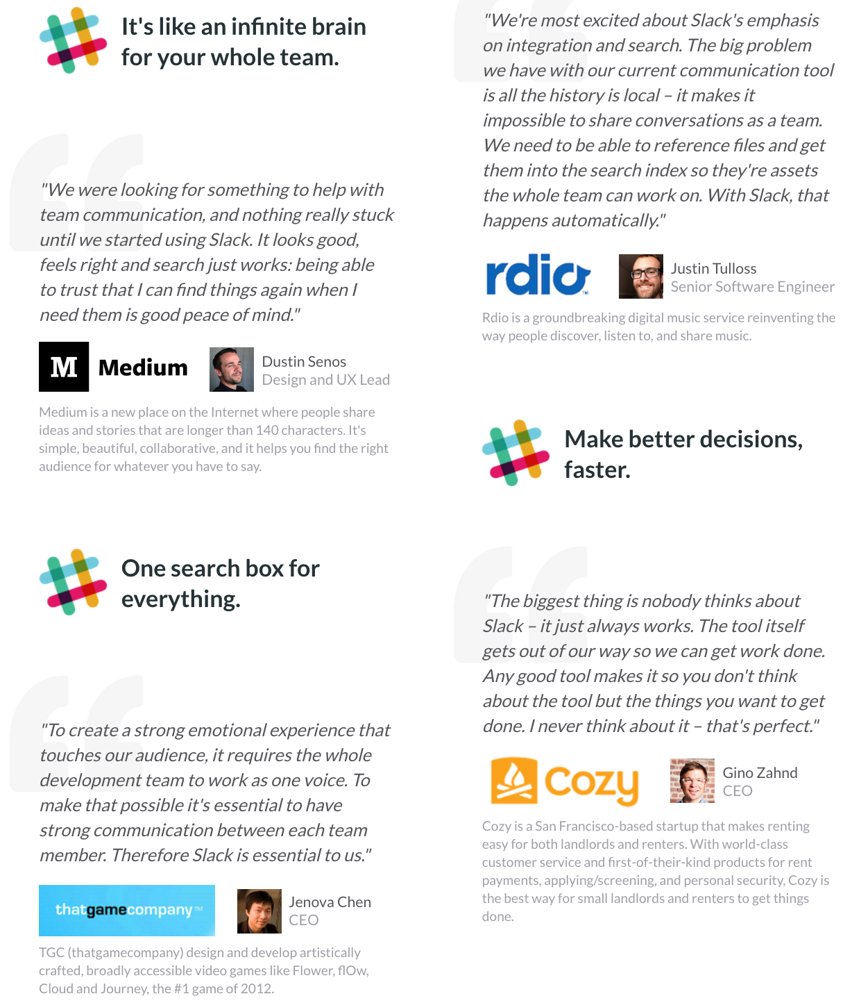 Screenshot of promotional copy for Slack, with testimonials