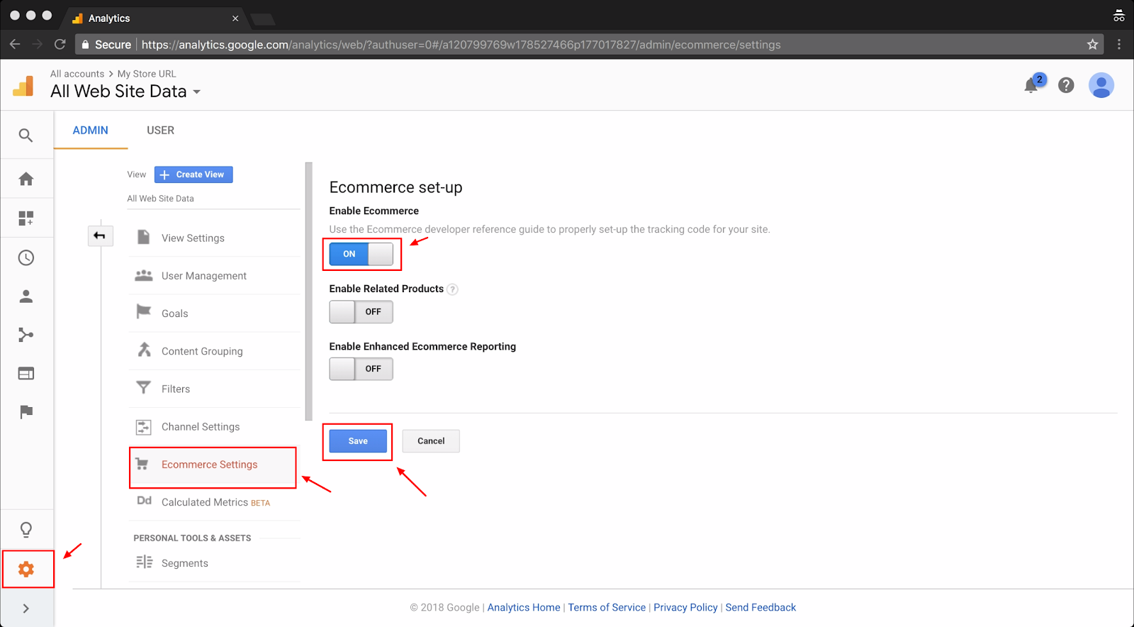 Screenshot showing a settings page on the Google Analytics dashboard