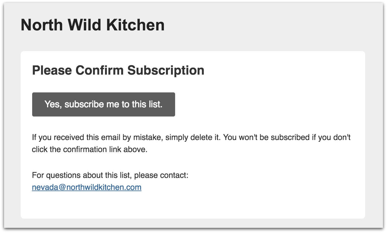Screenshot showing the confirmation email after a subscription request sent by North Wild Kitchen