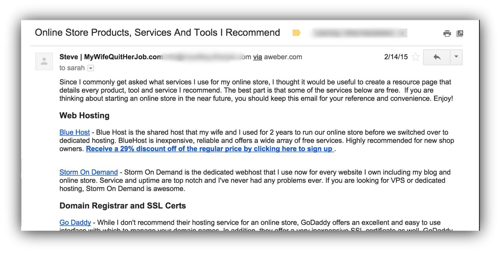 Screenshot of an email sent by Steve of mywifequitherjob.com