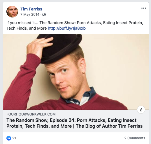 Screenshot showing a Facebook post by Tim Ferriss
