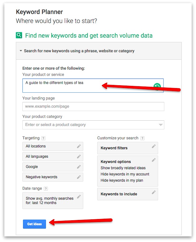 Screenshot showing the google keyword planner in use