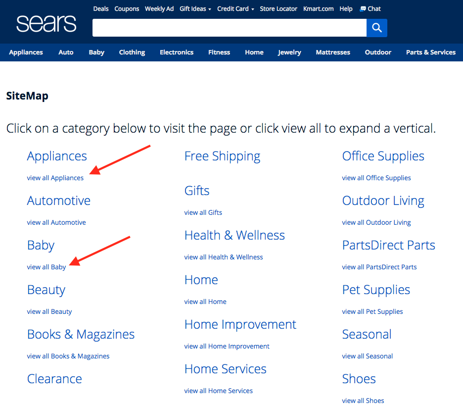 Screenshot showing categories on Sears
