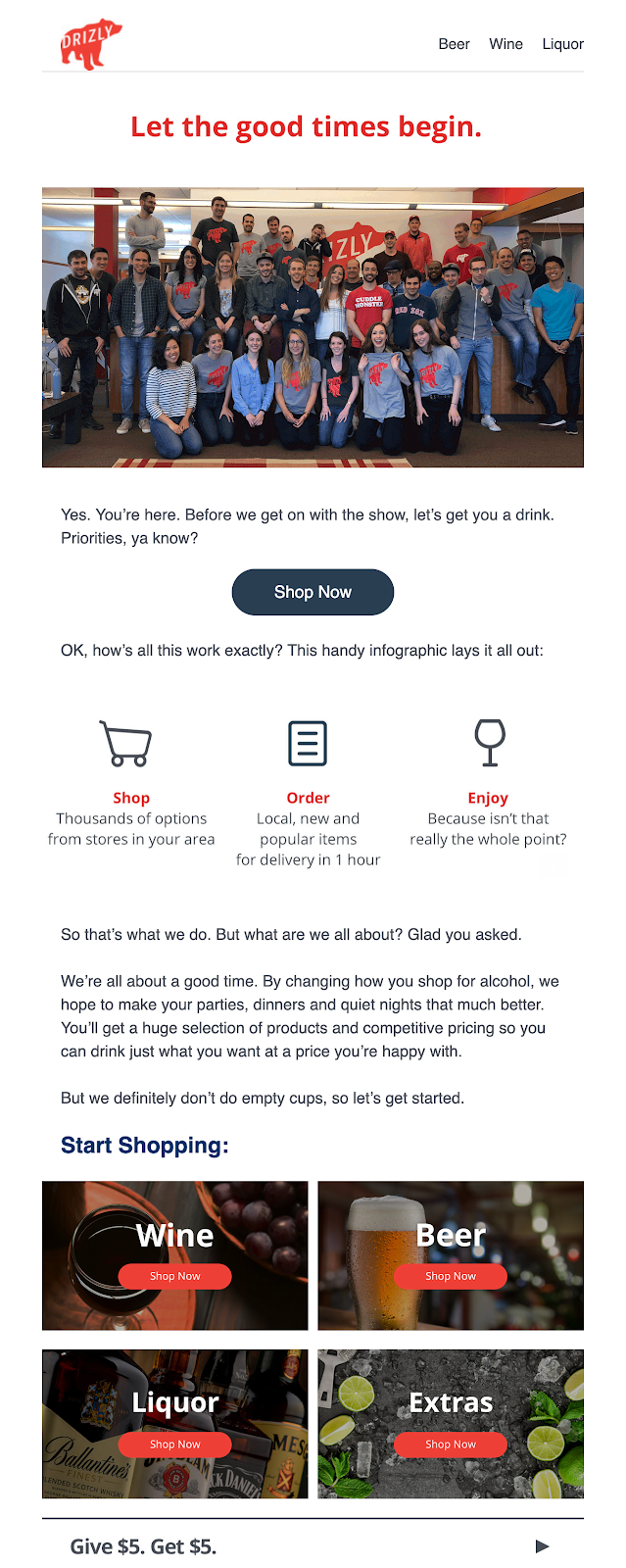 Screenshot of welcome email from Drizly