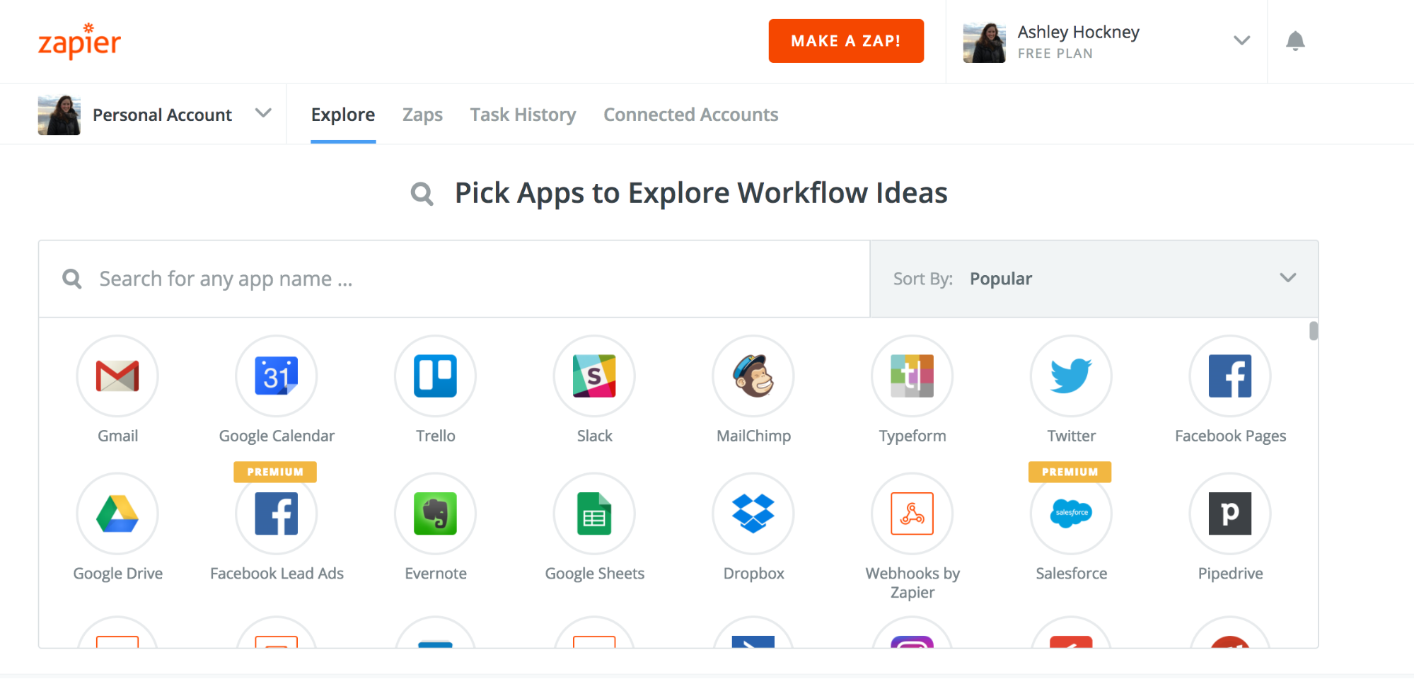 Screenshot showing available apps on zapier