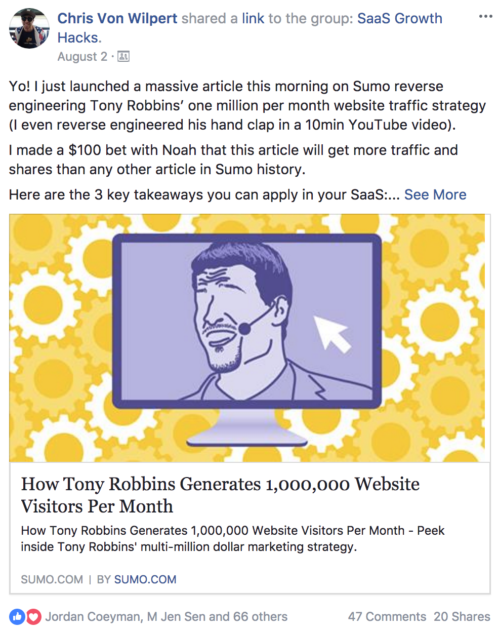 Screenshot showing a content promotion post on Facebook by Sumo