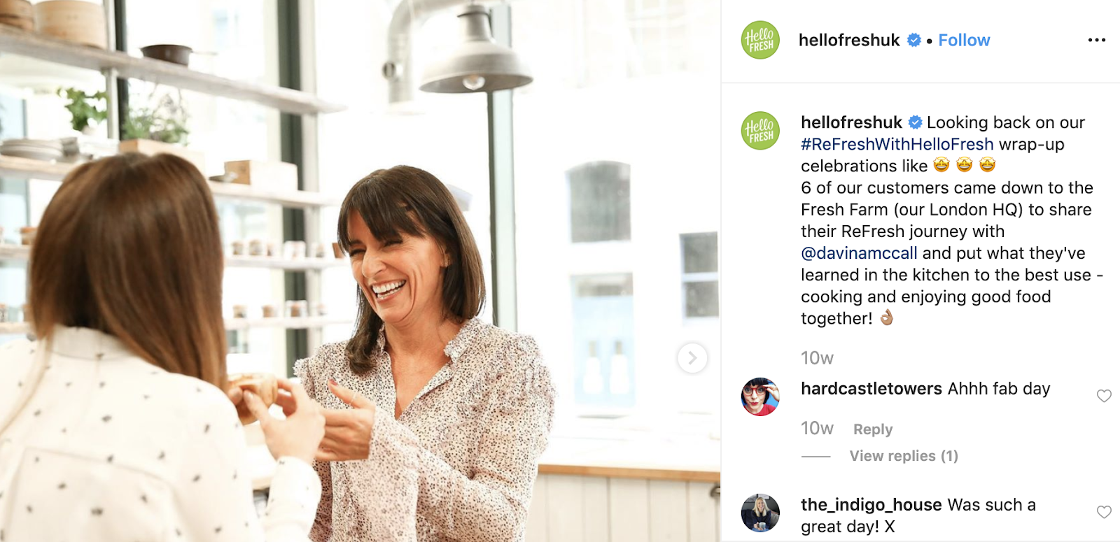 Global Marketing Strategy: Screenshot of Instagram post from HelloFresh UK with well-known British TV presenter Davina McCall