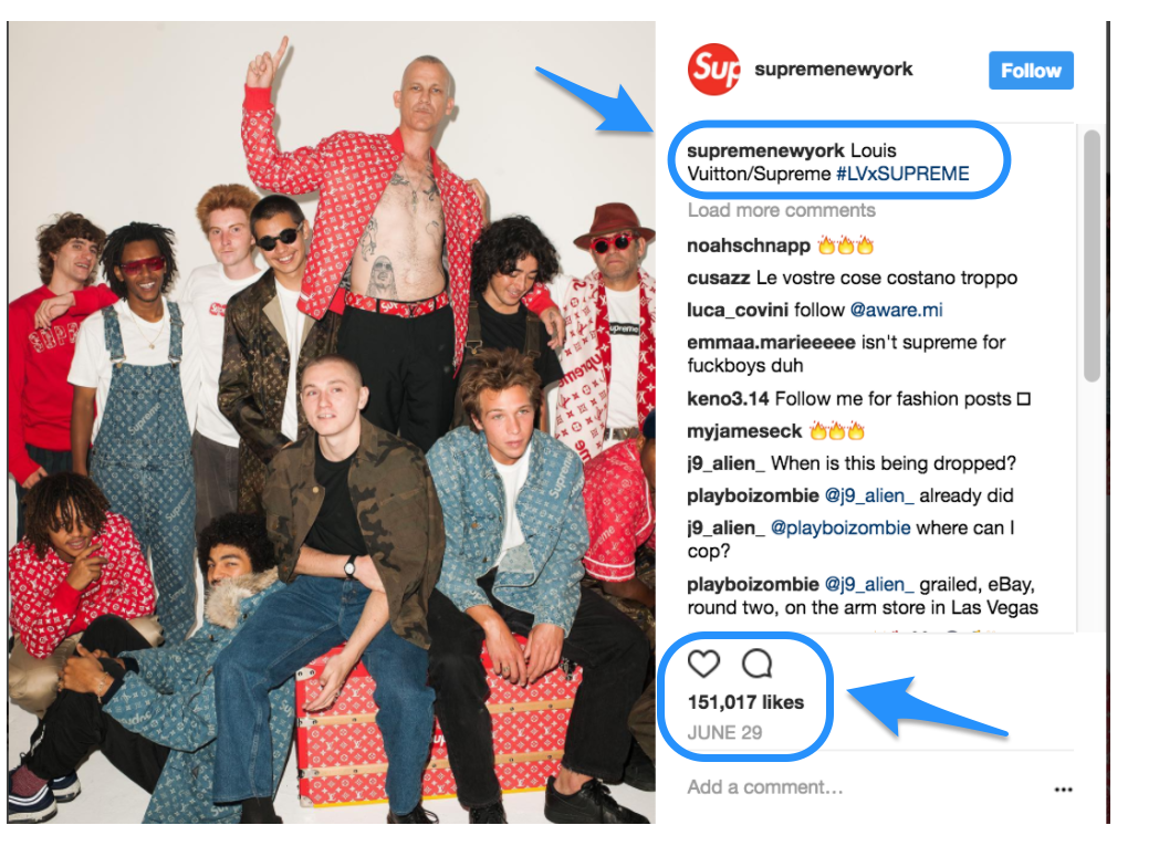 Screenshot of an IG post by Supreme, outlining the description and the amount of likes