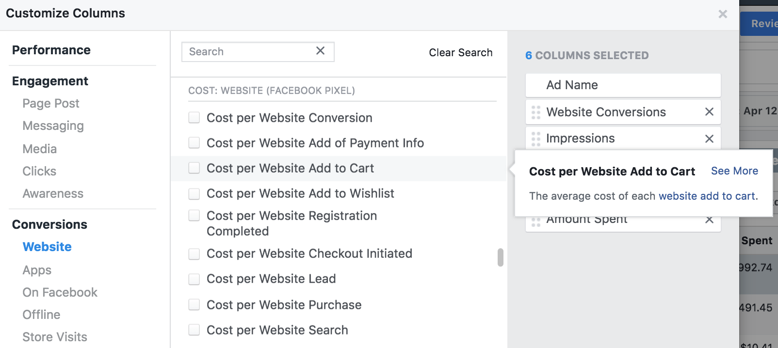 Screenshot of the Facebook Ads dashboard showing how you can set up conversion values