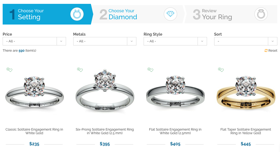 Screenshot showing diamond rings catalog