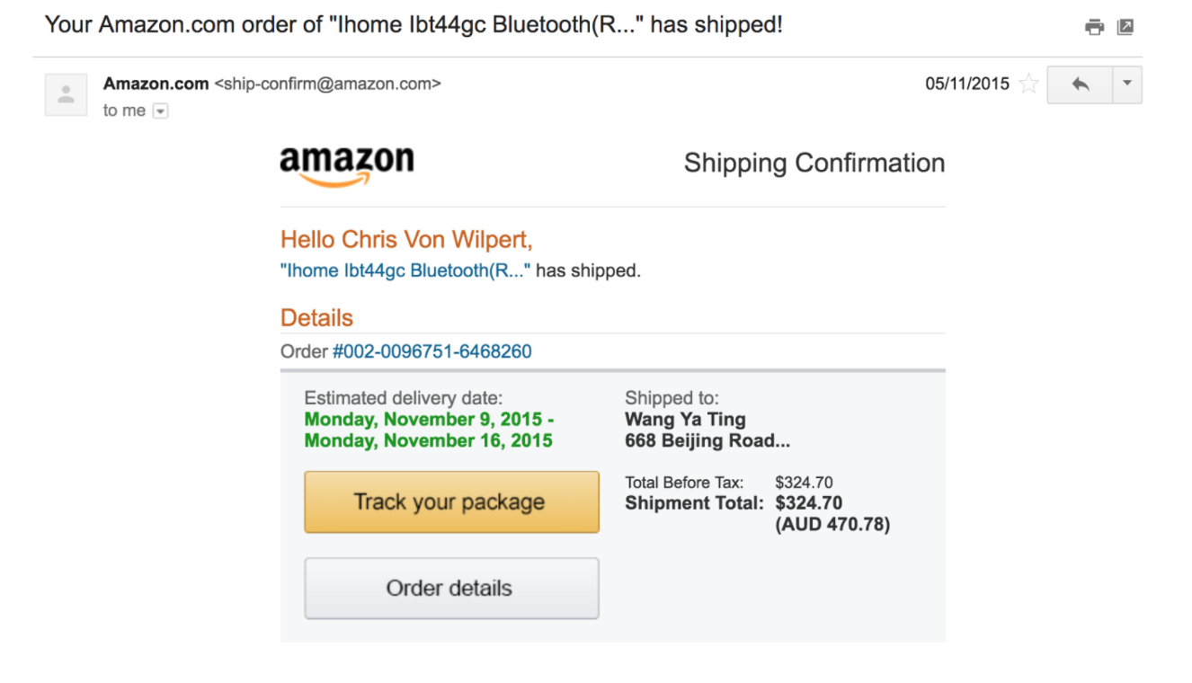 Screenshot showing an email sent by amazon