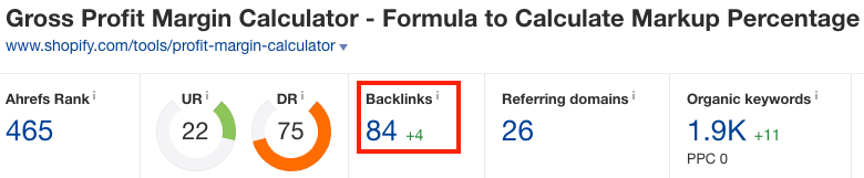 Screenshot showing ahrefs stats for a website page