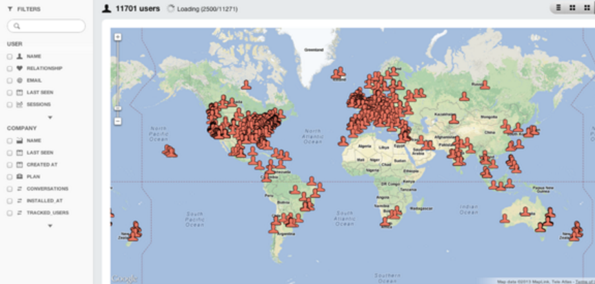 Screenshot showing a map of traffic sources for intercom