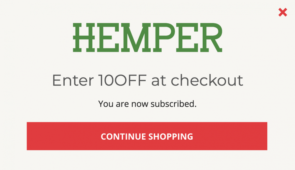 Screenshot showing a discount code for Hemper