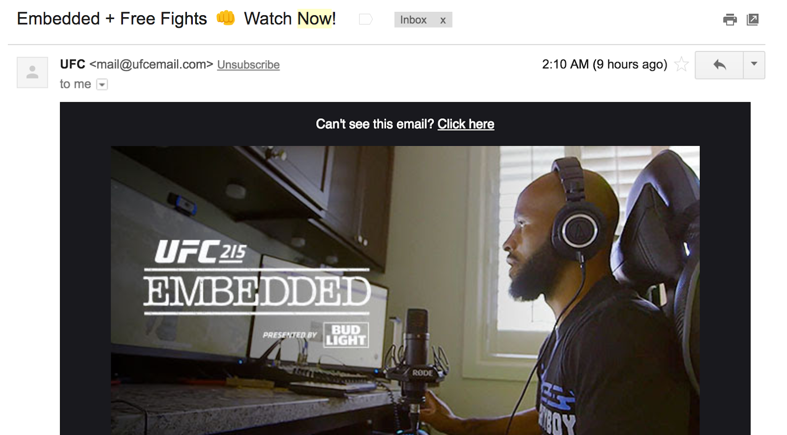 Best Email Subject Lines: Screenshot of email from UFC