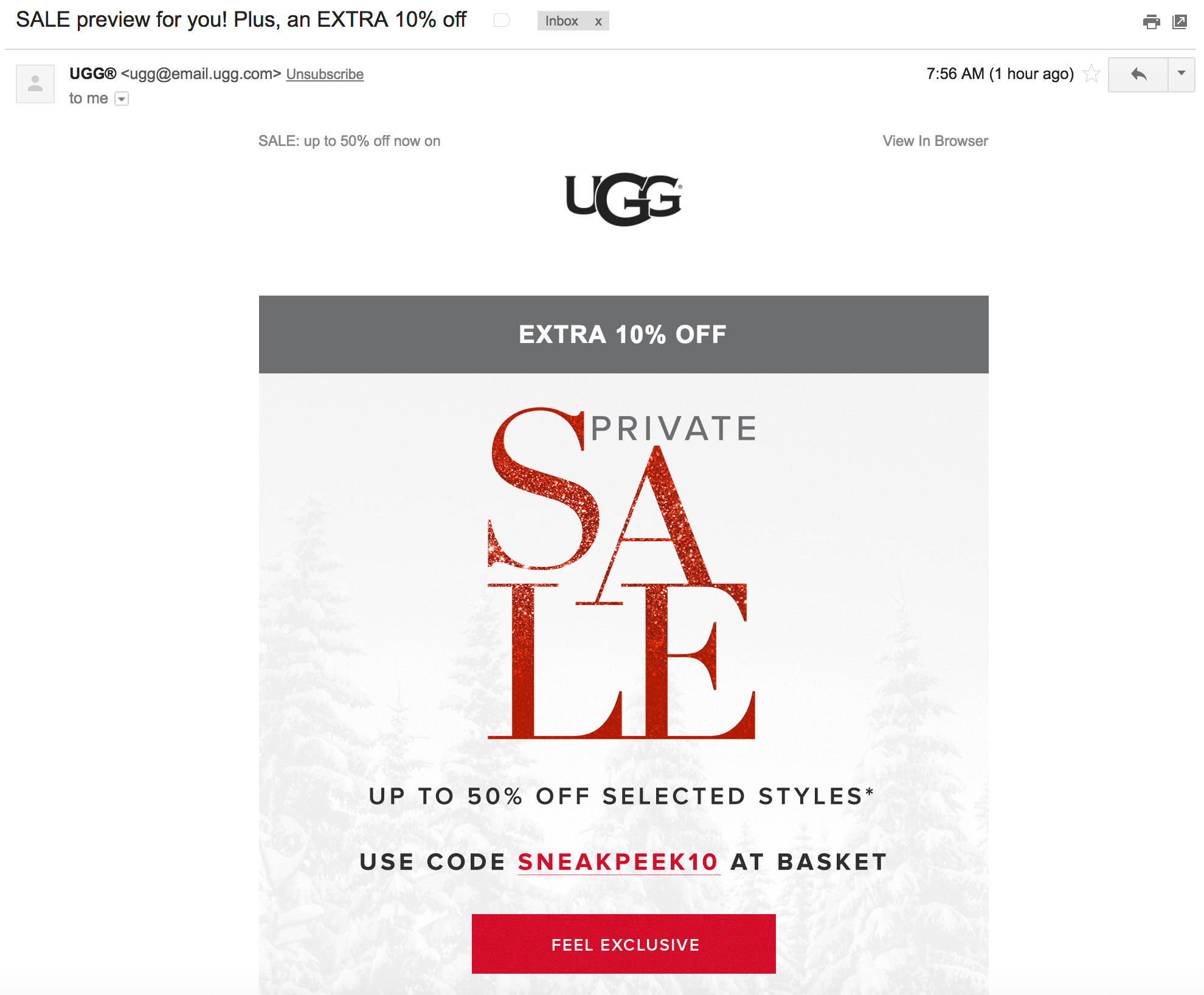 Screenshot showing a sale email by Ugg