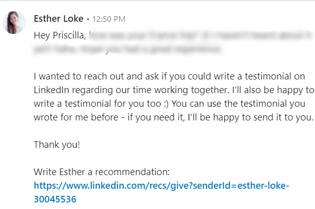 LinkedIn message from Esther Loke