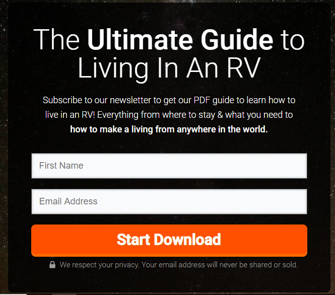 Screenshot of landing page with sign-up form from The Wandering RV