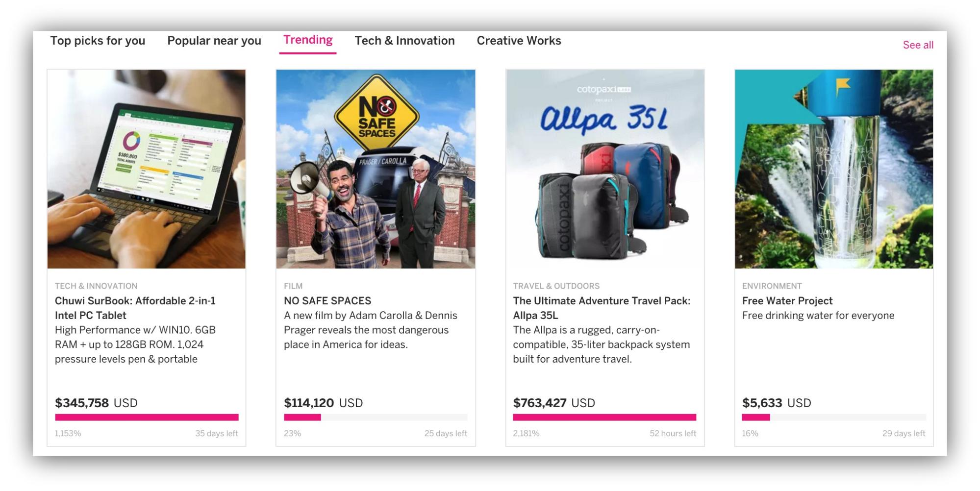 Screenshot showing multiple indiegogo campaigns