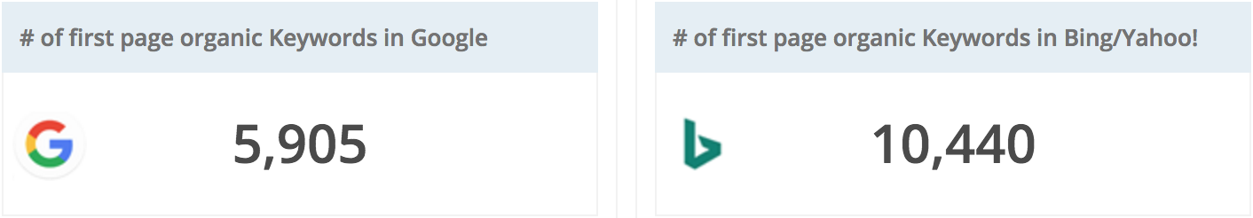 Screenshot showing bing vs google first page keyword stats