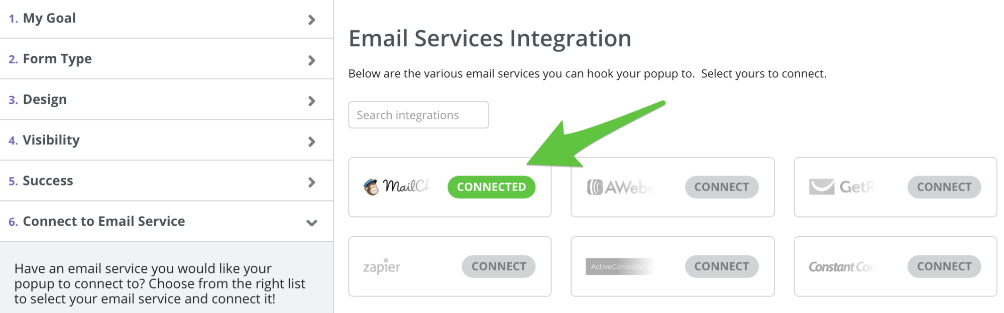 Screenshot showing email services integration page for a sumo popup