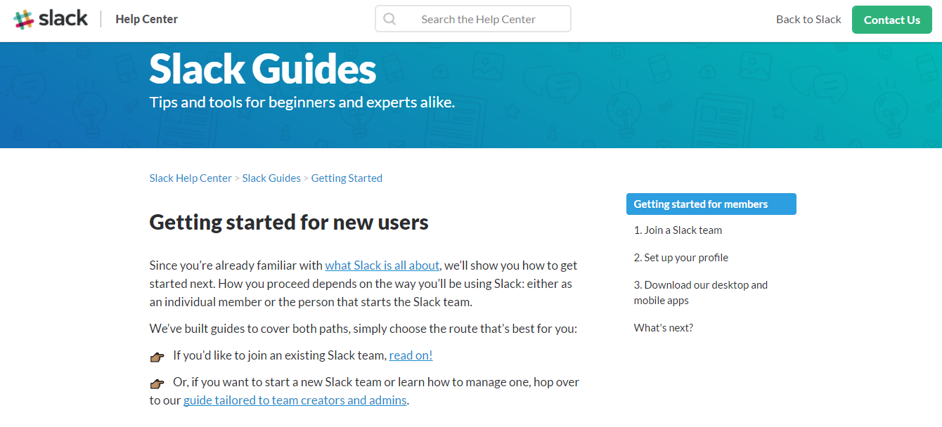 Screenshot showing the getting started guide for Slack
