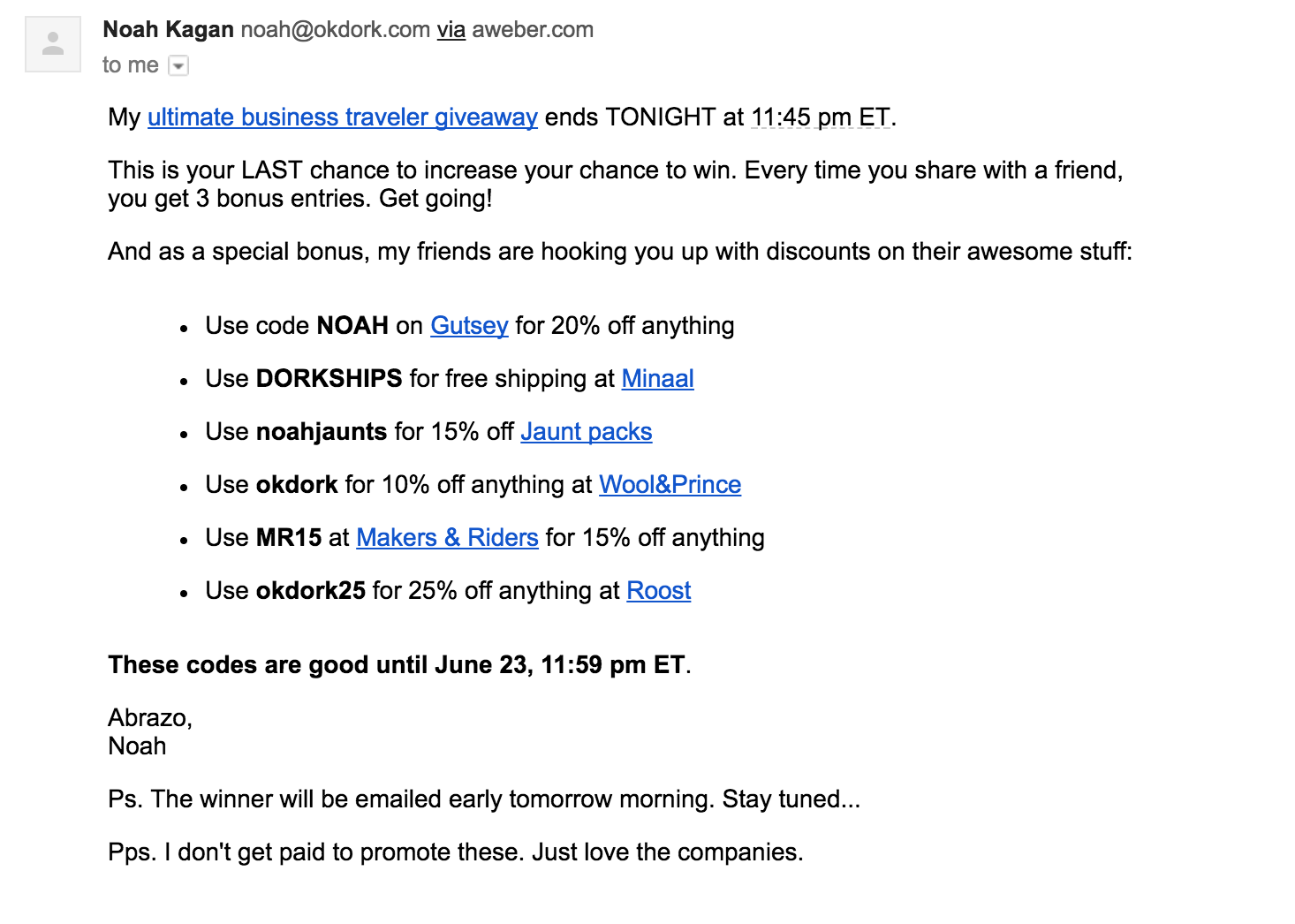 Screenshot showing giveaway email