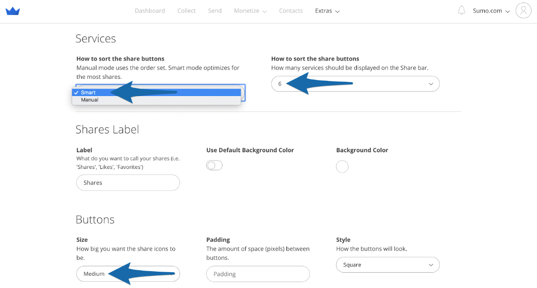 Screenshot showing Sumo share buttons settings