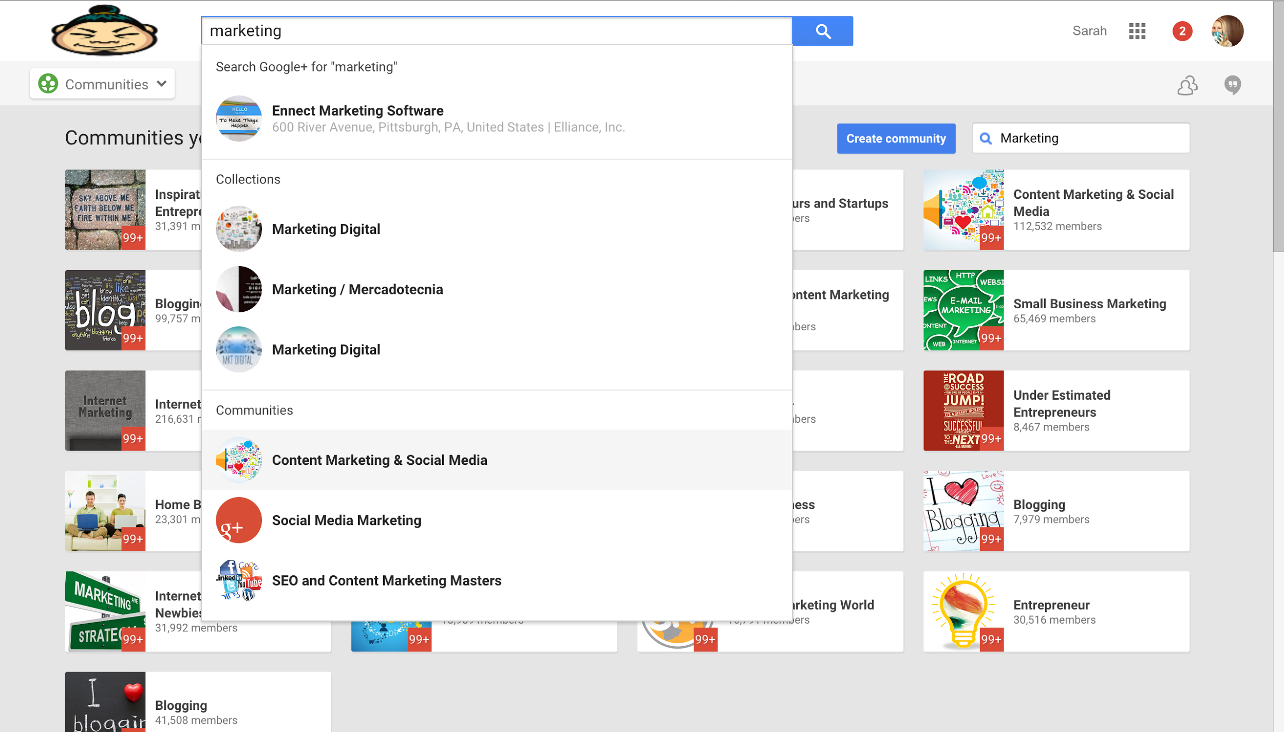 Screenshot of a search for "marketing" on Google+