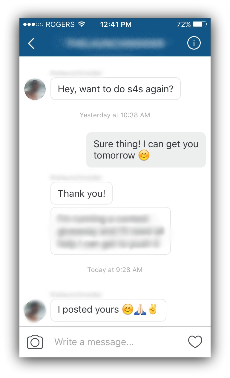 Screenshot of a conversation between the author and a user in Instagram