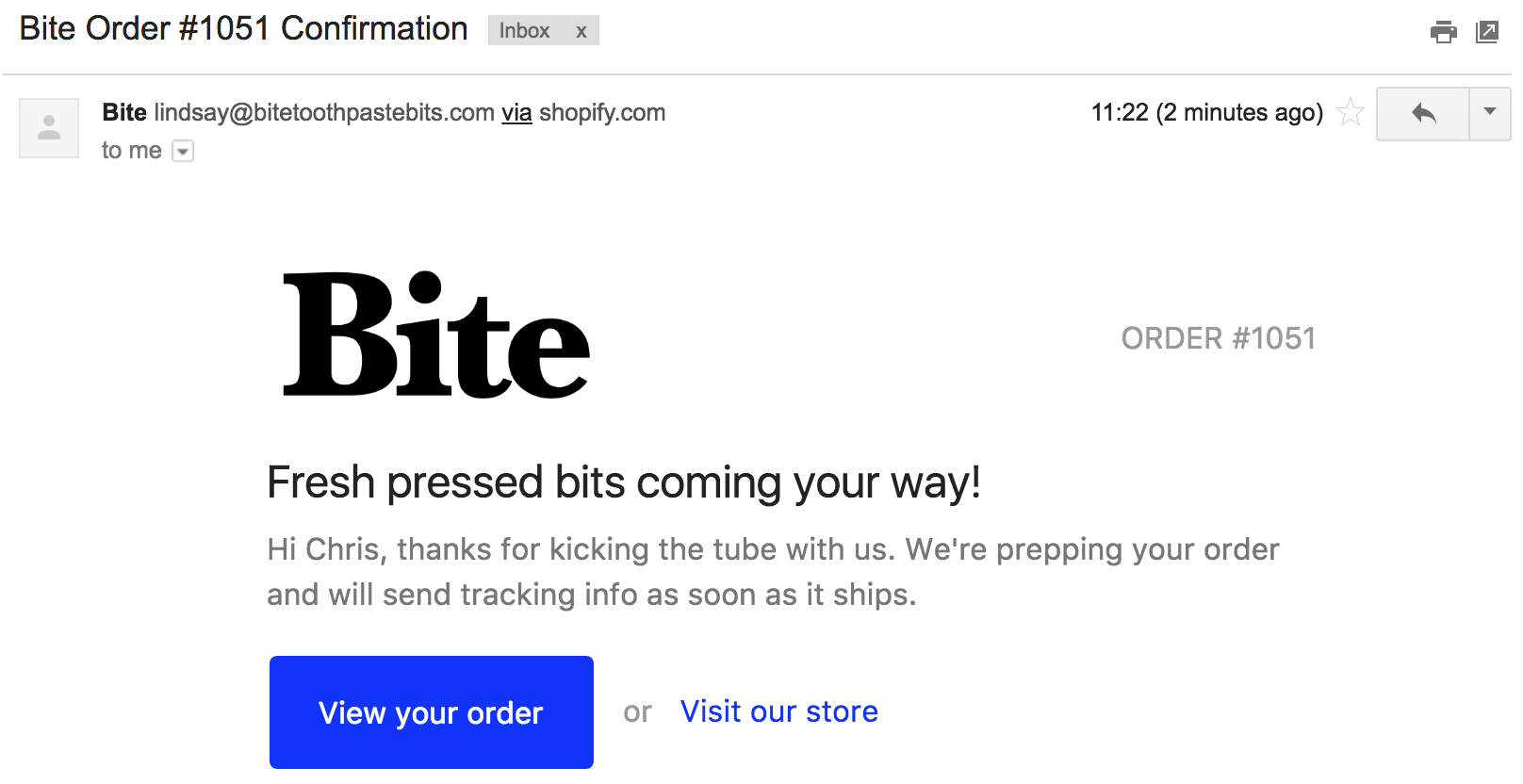 Screenshot showing an email sent by Bite