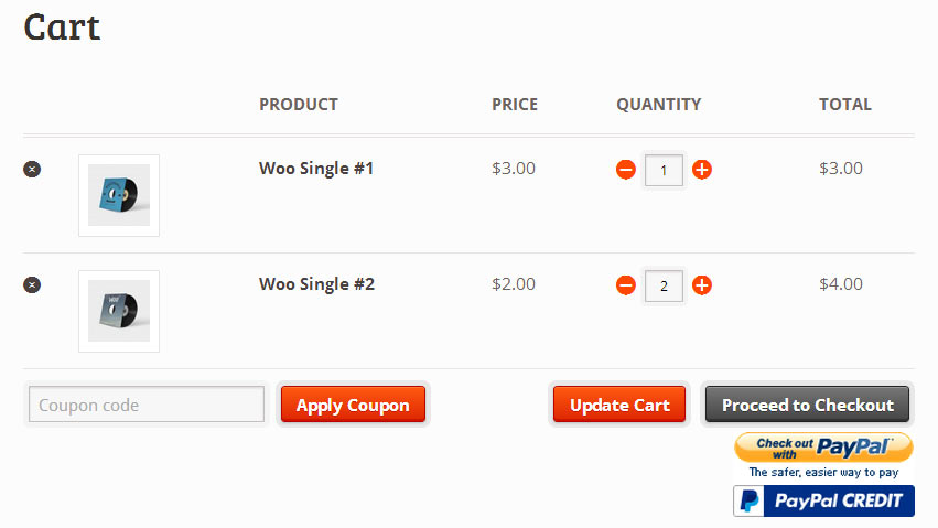 Screenshot showing a woocommerce cart