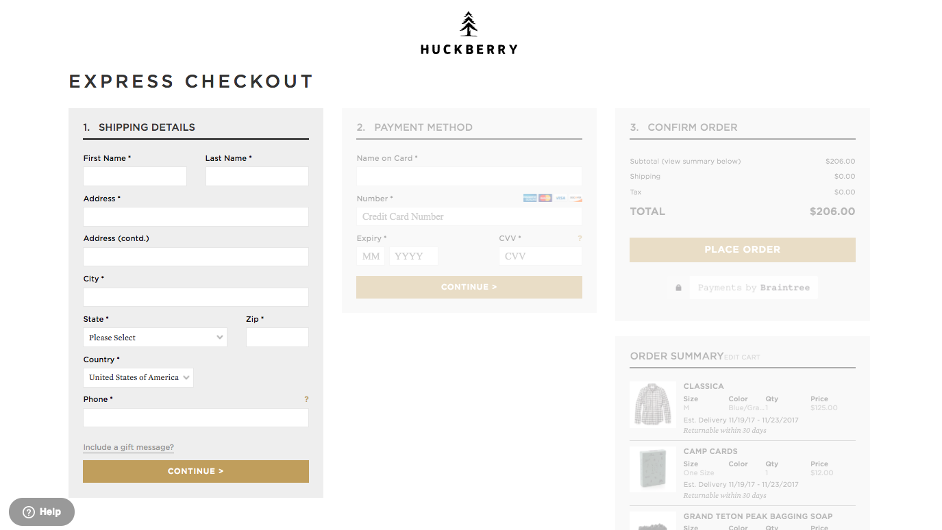 Screenshot showing the checkout page on Huckberry