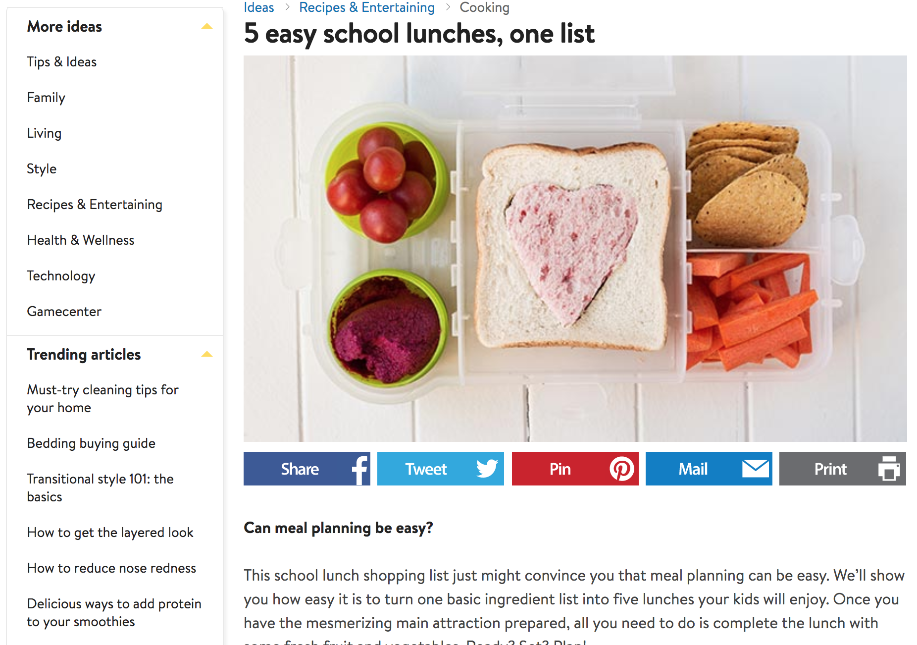 Screenshot showing content on school lunches