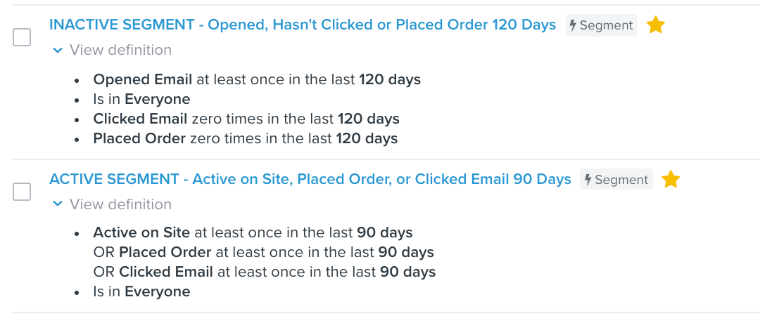 Screenshot of filtering into active and inactive segments