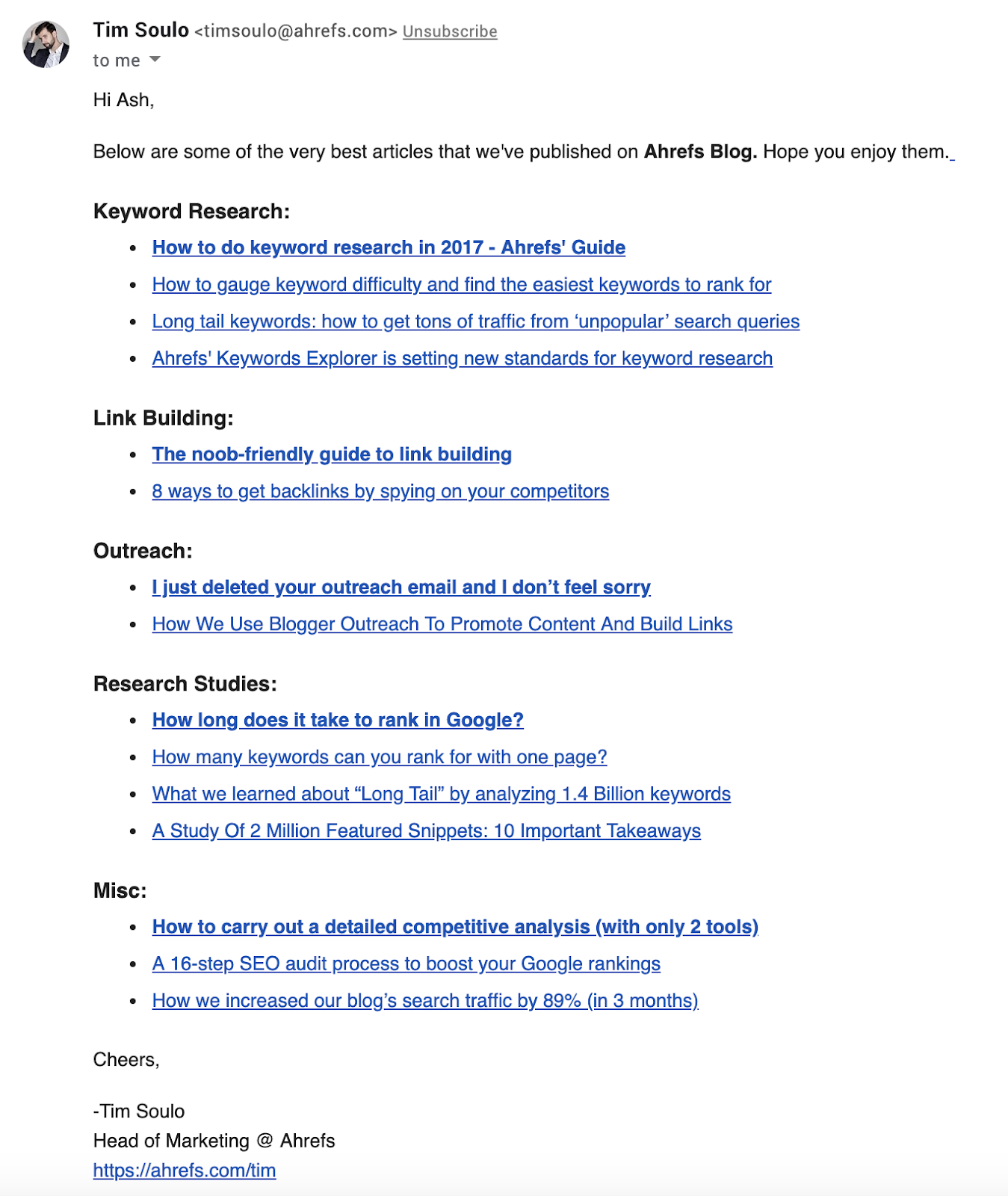 Screenshot of automated email giving customers links to their best SEO content by Tim Soulo, Ahrefs