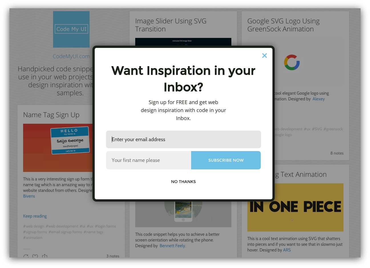 Newsletter signup for blog pop-up example